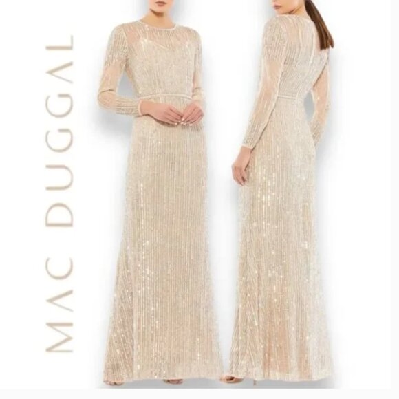 MAC DUGGAL 93629 SEQUIN ILLUSIONS HIGH NECK LONG SLEEVE TRUMPET NUDE GOWN sz 4 - Picture 2 of 4